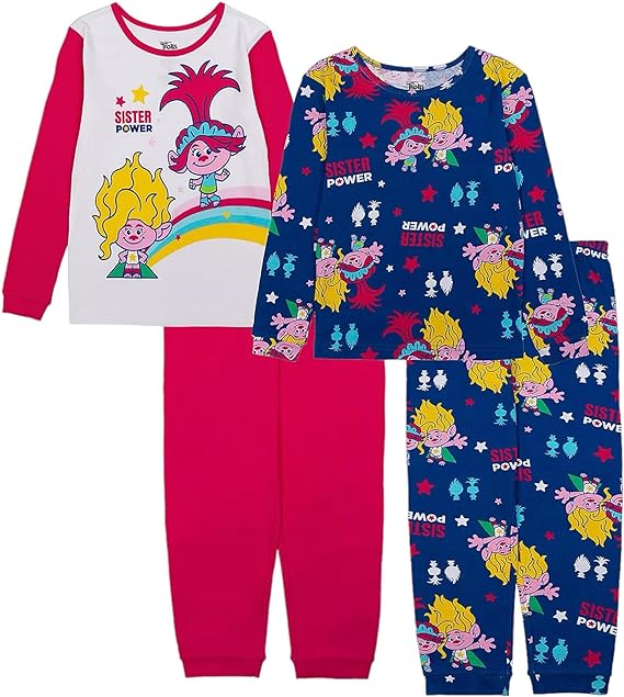 DreamWorks Trolls Girls' 4-Piece Cotton Pajama Set - Sister Power