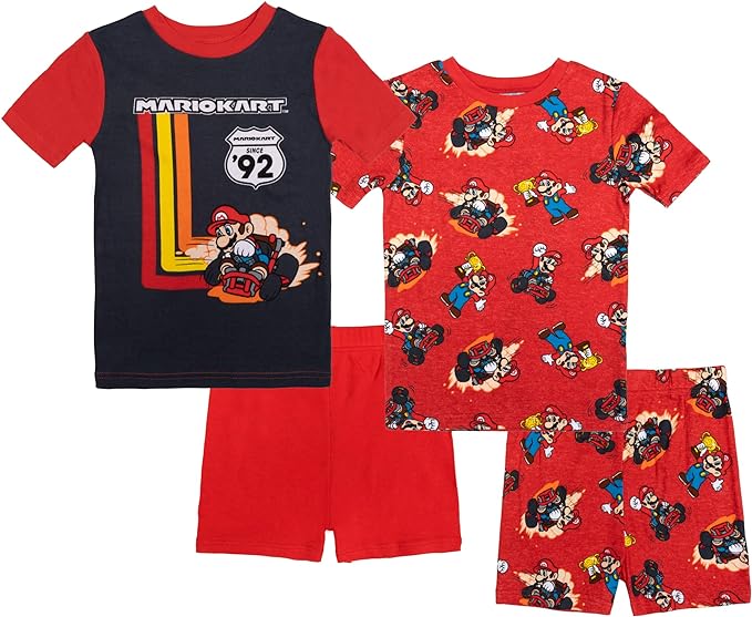 Super Mario Boys' 4-Piece Pajama Set - Black/Red Mario Kart