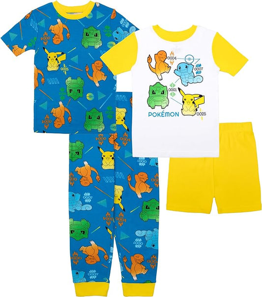 Pokemon Boys' 4-Piece Cotton Pajama Set - Multi Yellow