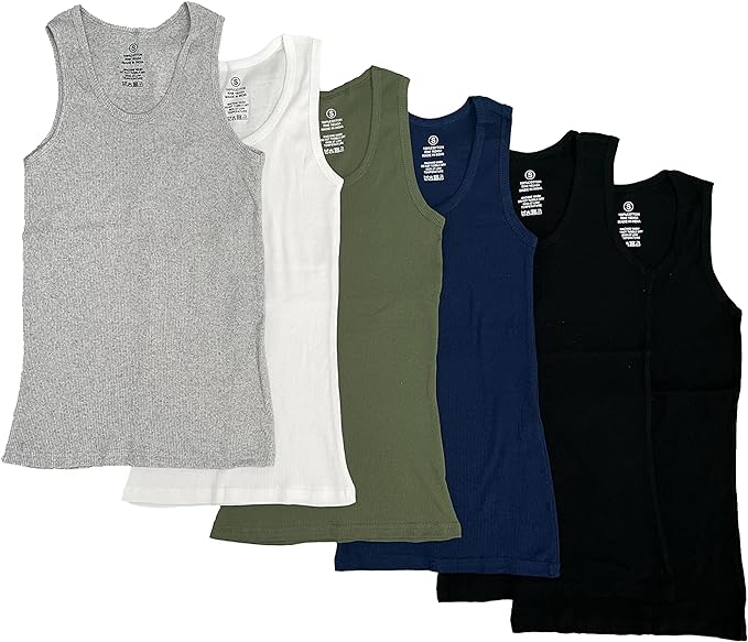 Men's 6-Pack Ribbed Slim Fit Tank Tops with Scoop Neckline - Assorted