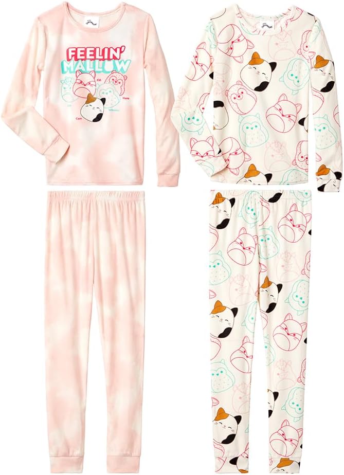 Squishmallows Girls’ 4-Piece Long Sleeve Pajama Set - Ivory/Pink